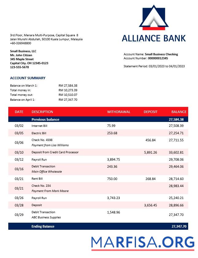 Downloadable Alliance Bank enterprise account statement Word and PDF template